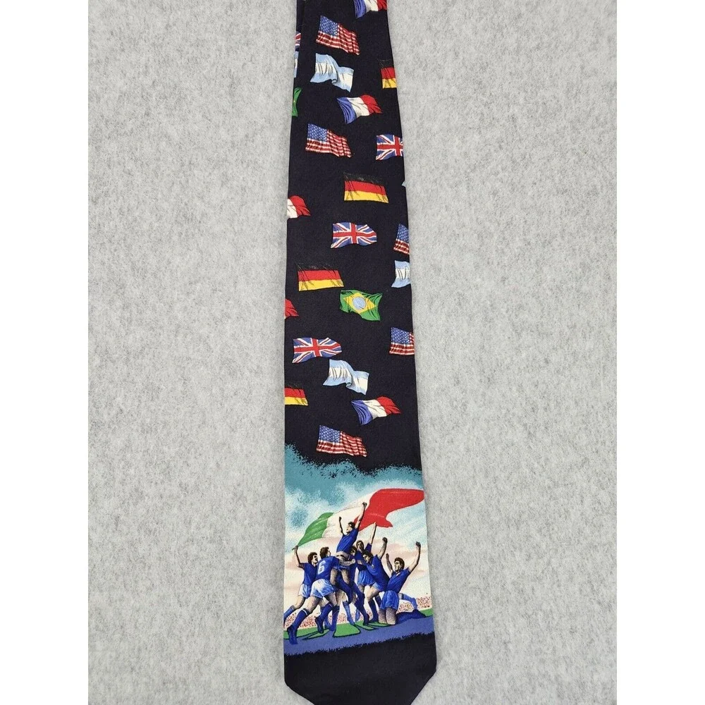Vintage Structure Denim Mens Necktie Tie Silk Flags‎ Italy Soccer USA Italian